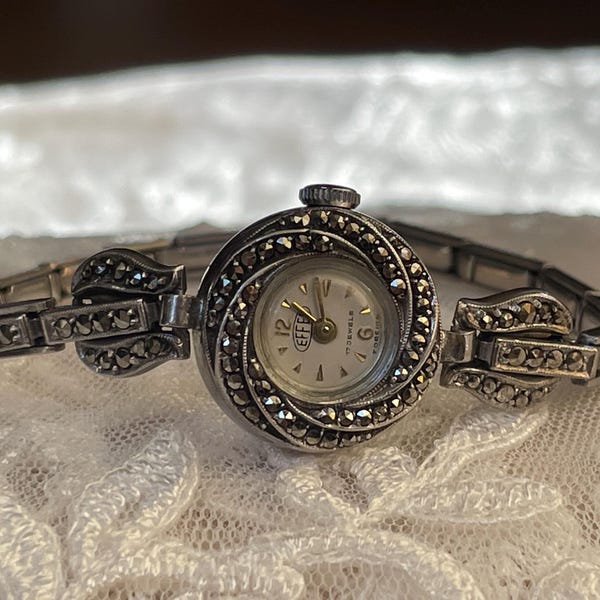 Elegant 1960’s vintage Swiss small sterling silver ladies dress watch Effee with marcasite and tiny silver tone bracelet, Ladies watch gift