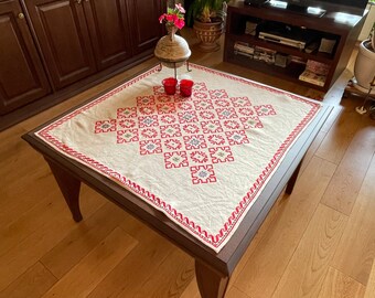 Handmade vintage embroidered tablecloth in red, Rustic Cotton Tablecloth Red, Kitchen decor tablecloth red, Red Festive decor, Family Gift
