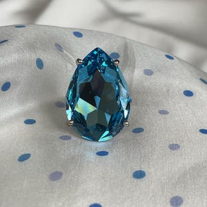 Vintage blue aquamarine pear cut stone sterling silver ladies ring, Big chunky blue natural gemstone silver ring, Blue stone women ring gift