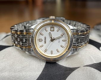 Elegant 1980-tals vintage kvarts japansk damklocka Seiko silverguldfärgad boett, Retro tvåfärgad quartzklocka för kvinnor, present till klockan
