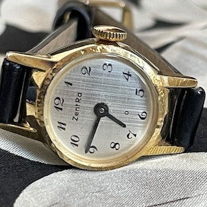 Elegant 1960 Vintage German gold plated ladies Wristwatch Zentra, Vintage women tiny leather band cocktail watch, Retro watch ladies gift
