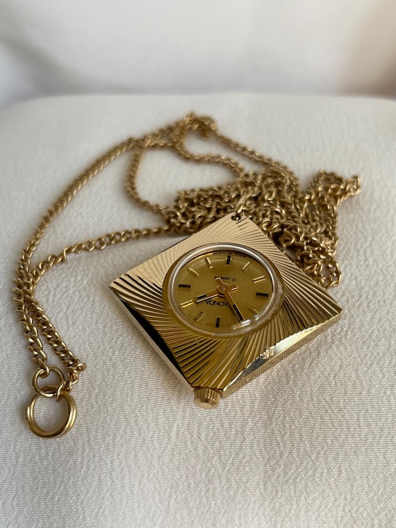 Montre Pendentif Vintage Suzaco - Mécanique, à Remonter - Chaîne Argenté, Métal Doré - Occasion, Fonctionne Parfaitement