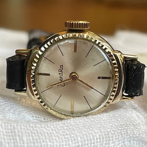 Elegant 1960 Vintage German gold plated ladies Wristwatch Zentra, Vintage women tiny leather band cocktail watch, Retro watch ladies gift
