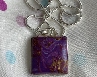 Vintage 1960’s Art Deco classic silver and purple turquoise gemstone necklace, Hand made purple stone silver Pendant, Silver ladies necklace