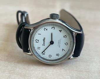 Elegant 1960 Vintage German ladies watch Zentra silver color case, Vintage women tiny leather band cocktail watch, Retro watch ladies gift