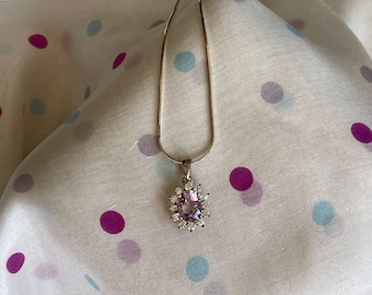 Vintage Silver Art Deco oval purple amethyst and zircon ladies Necklace, Art Deco Silver amethyst stone Pendant, Silver necklace ladies gift