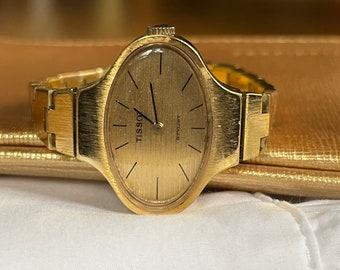 Superbe montre-bracelet pour dames suisses vintage des années 1960 Tissot, boîtier de couleur or, montre-bracelet pour femmes suisses Art déco, cadeau montre rétro pour femmes, montre habillée