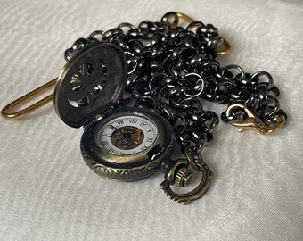 Rare montre pendentif vintage 1990 pour femme, boîtier de couleur vieil or, montre-collier en acier inoxydable, cadeau de montre pour femme, montre pendentif squelette