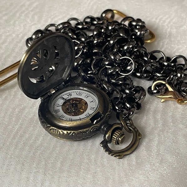 Rare montre pendentif vintage 1990 pour femme, boîtier de couleur vieil or, montre-collier en acier inoxydable, cadeau de montre pour femme, montre pendentif squelette