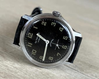 Zwitsers vintage mechanisch herenhorloge uit de jaren 70 SA Thomas zilverkleurige kast, Zwitsers 17 juwelen mechanisch herenhorloge, Zwitsers horloge herencadeau