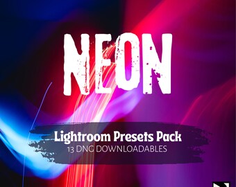 May include: Neon Lightroom presets pack with 13 DNG downloadable files. The image features a colorful abstract background with streaks of red, blue, and purple light.