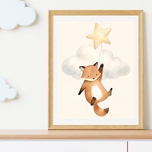 Fox Star Ballon Kinderzimmer Druck - Aquarell Wald Baby Tier Poster - Neutrale digitale Wandkunst Download
