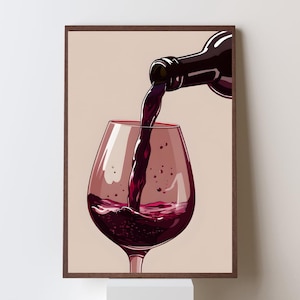 Red Wine Pour Wall Art – Modern Wine Glass Poster – Minimalist Kitchen or Bar Decor – Digital Download