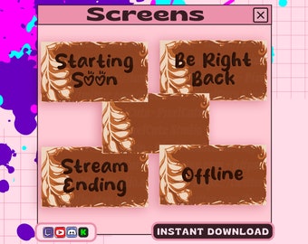 5x cute coffee foam art streaming screens, starting soon, stream ending, brb, offline screens, youtube, twitch