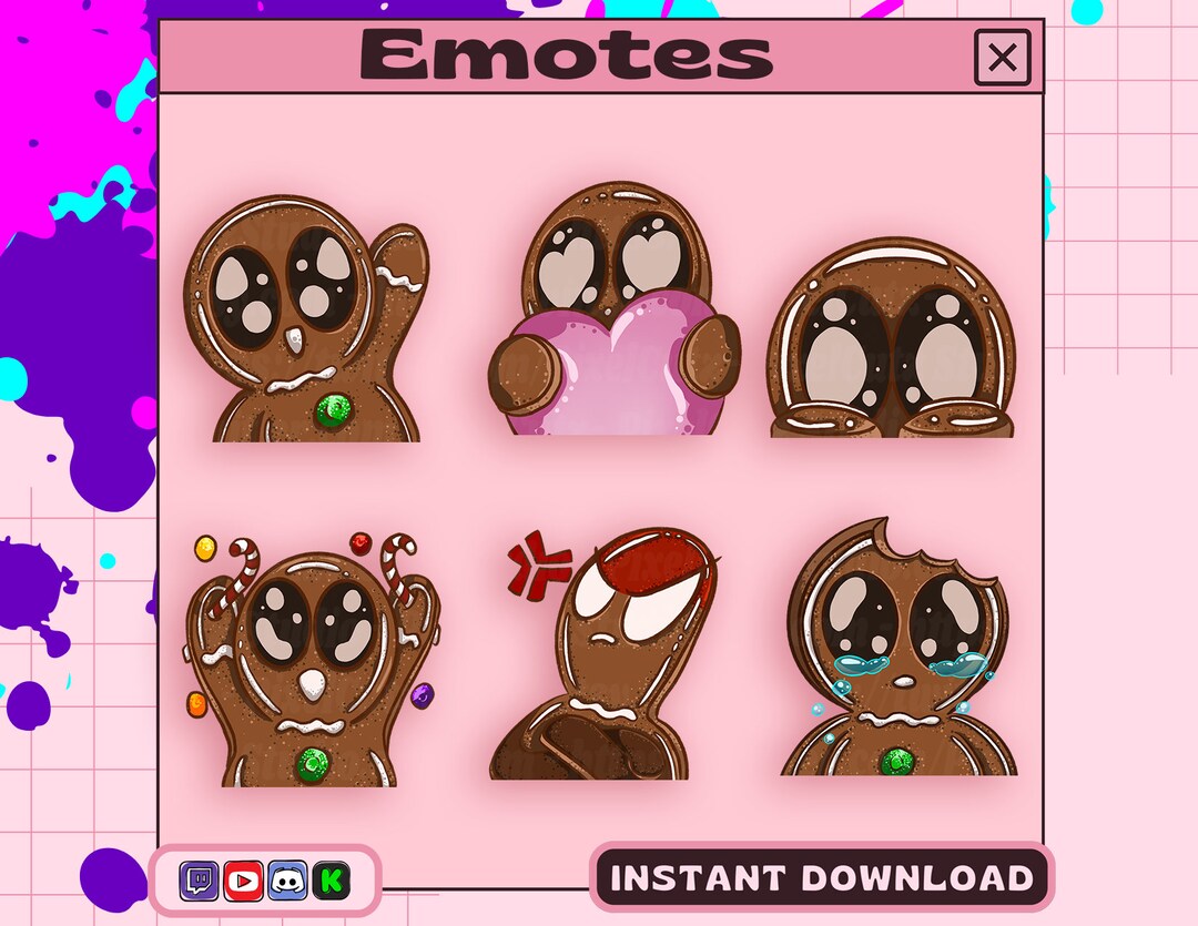 Cheerful Christmas Emotes Set: Pack of 6 Hand Drawn Gingerbread Man ...