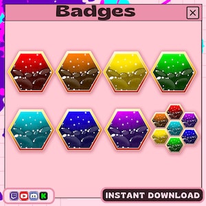 May include: A set of nine digital badges featuring a starry night sky with a hexagonal design. The badges are in various colors, including red, orange, yellow, green, blue, purple, and a rainbow gradient.