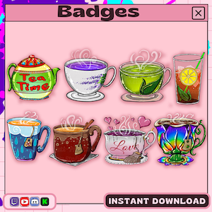 Puede incluir: Una colección de ocho insignias coloridas con varios diseños de té y tazas de té. Las insignias incluyen una tetera con el texto "Tea Time", tazas de té con vapor y un vaso de té helado con una rodaja de limón. El fondo es rosa con un marco de ventana de computadora retro.