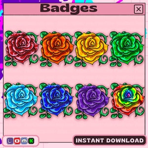 Odznaki do przesyłania strumieniowego Vibrant Rainbow Rose - Cottage Core Roses dla serwisów Twitch, YouTube i Discord