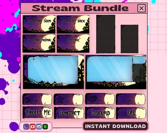 May include: A digital stream bundle with a Halloween theme. The design includes panels with text like "Starting Soon" and "Offline", along with social media icons and buttons. The color scheme is purple, black, and orange, with a spooky haunted house and pumpkin design.