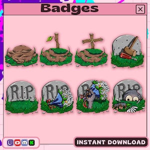 May include: Set of eight digital badges featuring cartoon illustrations of graves with various decorations, including a cross, a plant, a hammer, and a zombie hand. The badges have a pink background and the text "RIP" is visible on some of the graves.