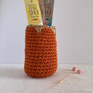 May include: A handmade orange crochet basket containing three incense packets. The packets are yellow, pink, and green, with the words "FENG SHUI" and "incense" printed on them. Dried flowers are next to the basket.