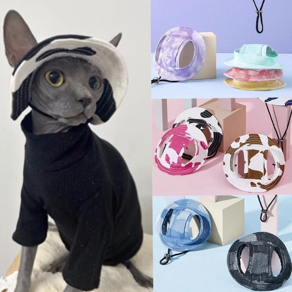 16 Colors Sphynx Hairless Cats Bucket Hat with Ear Holes, Summer Sunbonnet Cap Tie-dye Caps, Bambino Devon Rex Sphynx Cat Sun Caps