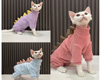 4-legged 3 Colors Sphynx Hairless Cats Clothes, Winter Patchwork Dinosaur Fleece Warm Kitten Sweater for Bambino Devon Rex Sphynx Cat