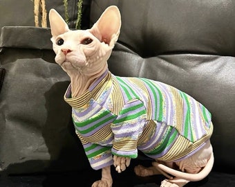 Ropa de gatos sin pelo Sphynx a rayas de primavera, sudadera suave de algodón, jersey de gato Bambino Devon Rex Sphynx