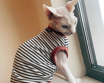 Vêtements à fines rayures Sphynx pour chats nus, sweat-shirt en coton doux, pull Bambino Devon Rex pour chats Sphynx