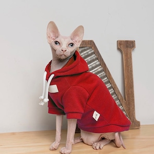 3 Colors Sphynx Hairless Cats Clothes, Cotton Soft Kitten Pullover Turtleneck Hooded Sweatshirt, Bambino Devon Rex Sphynx Cat Clothing Red