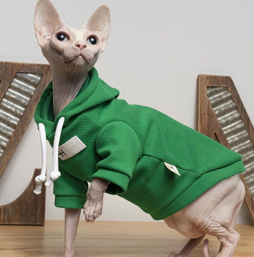 3 Colors Sphynx Hairless Cats Clothes, Cotton Soft Kitten Pullover Turtleneck Hooded Sweatshirt