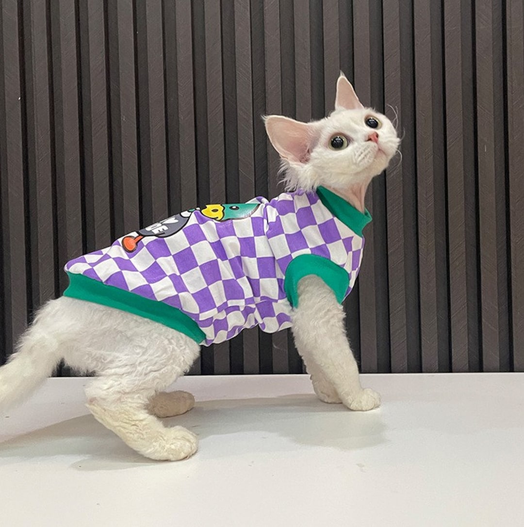 2 Colors Sphynx Hairless Cats Clothes, Plaid Soft Kitten Pullover Sweatshirt Vest, Bambino Devon