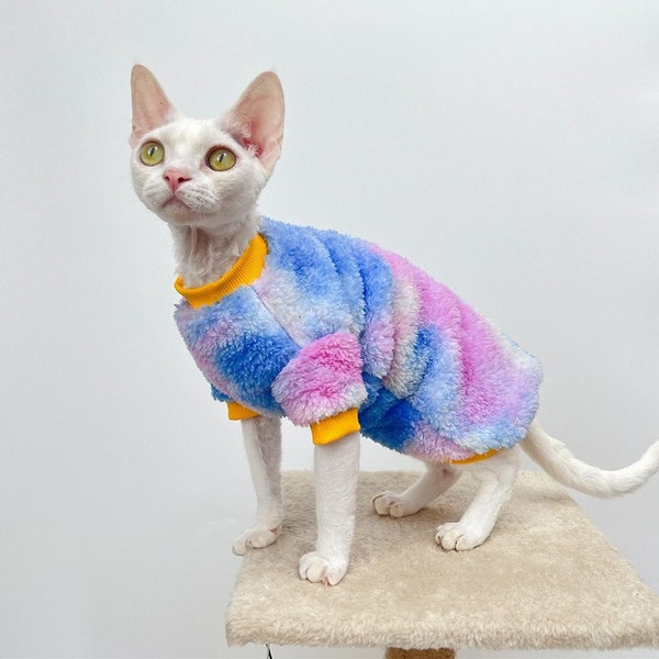4 Colors Tie-dye Sphynx Cat Clothes, Velvet Thick Warm Soft Sphynx Coat Jacket