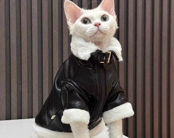 Sphynx Hairless Cats Leather Outdoor Coat Clothes, Winter Fleece Warm Kitten Sweater for Bambino Devon Rex Sphynx Cat