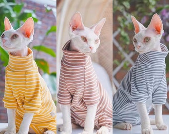 Vêtements pour chats sans poils Sphynx à rayures 7 couleurs à 4 pattes, sweat-shirt en coton, pull pour chat Bambino Devon Rex Sphynx