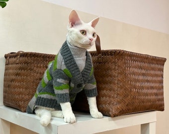 Pull pour chats sans poils Sphynx, manteau de veste pour chat, vêtements Sphynx à col en v avec boutons chauds d'hiver pour chat Devon Rex Sphynx