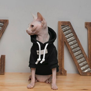 3 Colors Sphynx Hairless Cats Clothes, Cotton Soft Kitten Pullover Turtleneck Hooded Sweatshirt, Bambino Devon Rex Sphynx Cat Clothing image 6
