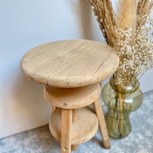 Tabouret à vis réglable, tabouret en bois, tabouret vintage