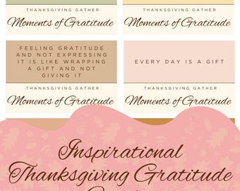 May include: Four printable Thanksgiving gratitude cards with a pink floral background. The cards feature inspirational quotes about gratitude, such as "Count blessings, not problems" and "Every day is a gift". The text "Moments of Gratitude" appears on each card.
