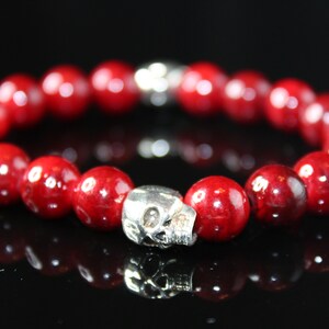 Mens Skull Bracelet Red Beads