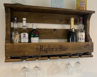 Personalised handmade rustic wall mounted gin/drinks/alcohol  bar/shelf/caddy