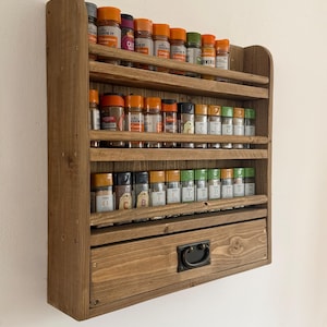 rustic wall mounted solid wood 3 tier spice and herb rack with dowel rail and draw