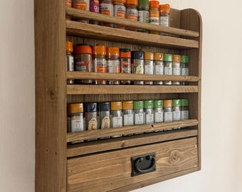 rustic wall mounted solid wood 3 tier spice and herb rack with dowel rail and draw