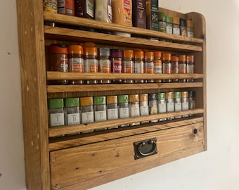 rustic wall mounted solid wood 3 tier spice and herb rack with dowel rail and draw