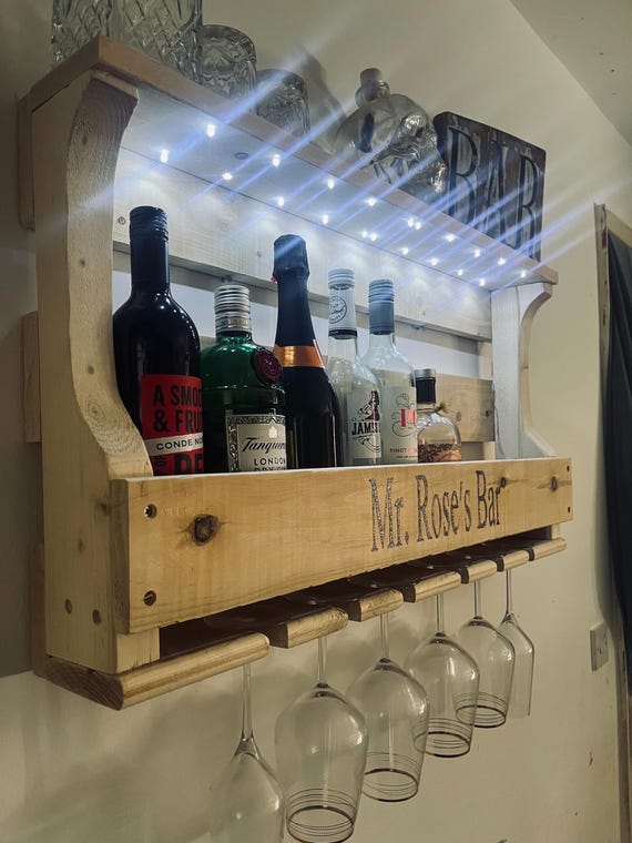 Personalised Gin Bar Gin Shelf Wine Rack Alcohol Caddy Wall Mounted Solid Wood With LED Lights Etsy