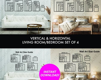 May include: Wall art size guide with dimensions in inches, including ratios 4:5, 2:3, and 3:4, and A1-A4 sizes. The text "VERTICAL & HORIZONTAL LIVING ROOM/BEDROOM SET OF 4" is displayed. The image also includes the text "INSTANT DOWNLOAD!"