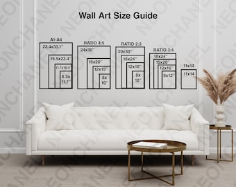 May include: A wall art size guide with dimensions in inches is displayed. The guide includes various aspect ratios such as A1-A4, 4:5, 2:3, and 3:4, with corresponding sizes like 23.4x33.1 inches, 24x30 inches, and 20x30 inches. The text "Wall Art Size Guide" is at the top.