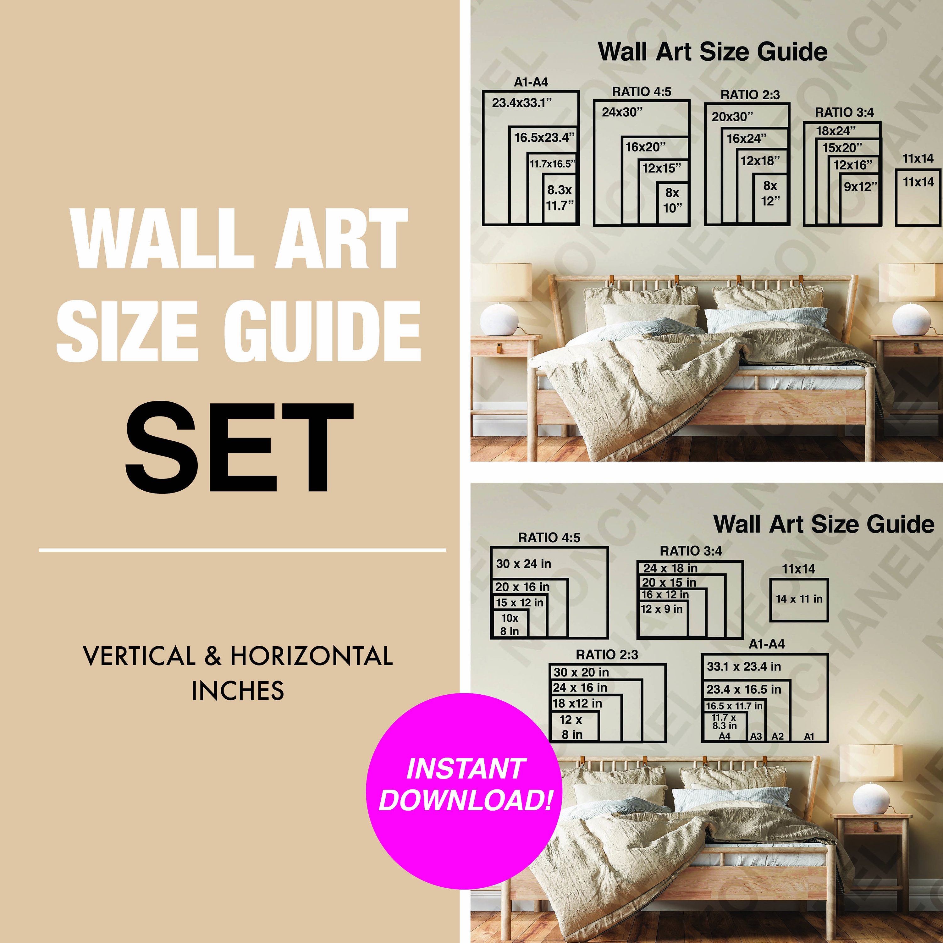 Wall Art Size Guide Set Instant Digital Download Black and White Luxury ...