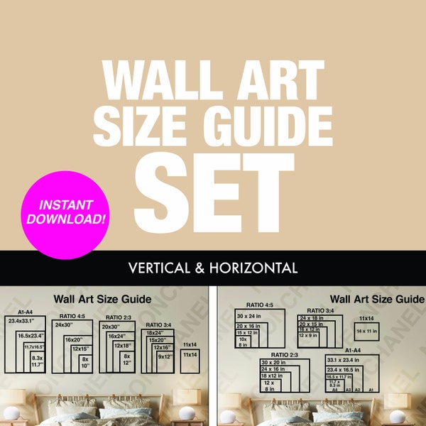 Wall Art Size Guide Set of 2 Instant Digital Download Luxury Bedroom for Framed Prints and Canvas Prints