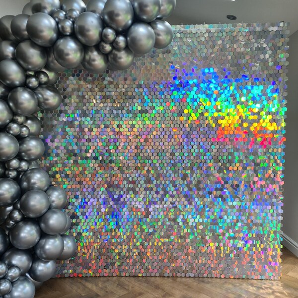 Hexagon Iridescent Silver Sequin Wall Shimmer Wall Glimmer backdrop Glitter back drop 6ft x 6ft, 7ft x 7ft and 8ft x 8ft